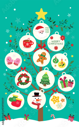 Merry Christmas and Happy New Year,  Cute Christmas Ornaments Hanging on a Cartoon Tree Vector Illustration, Christmas Tree Design with Santa, Snowman, gifts, and Gingerbread Icons