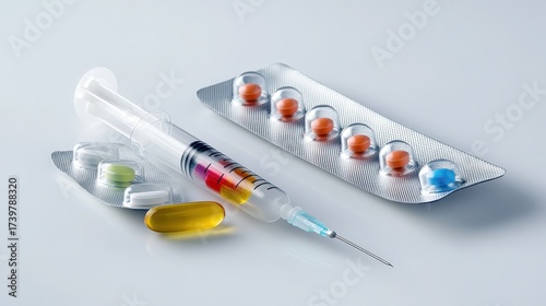 Syringe Filled With Colored Liquid and Blister Pack of Pills