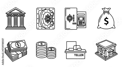 Comprehensive vector line icons set representing essential banking services, finance, money, security, and economic activities