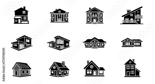 Comprehensive vector collection of diverse residential building icons and house architecture designs