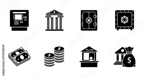 Modern Banking and Finance Icon Collection with ATM, Safes, Money, and Teller Desk