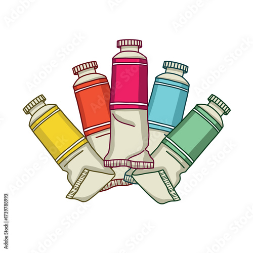Vector collection of colorful paint tubes for various techniques. Ideal for art supply branding and educational materials.

