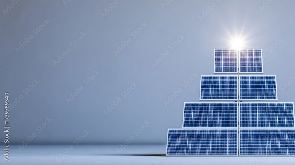 Obraz premium A pyramid shaped arrangement of solar panels under sunlight symbolizes renewable energy and sustainability against a lig