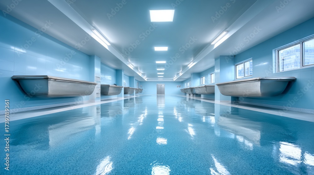 Obraz premium Modern and clean interior of a spacious room with blue walls and reflective surface designed for specific activities