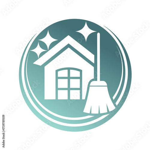 White house icon with broom and sparkles on teal gradient circle home building