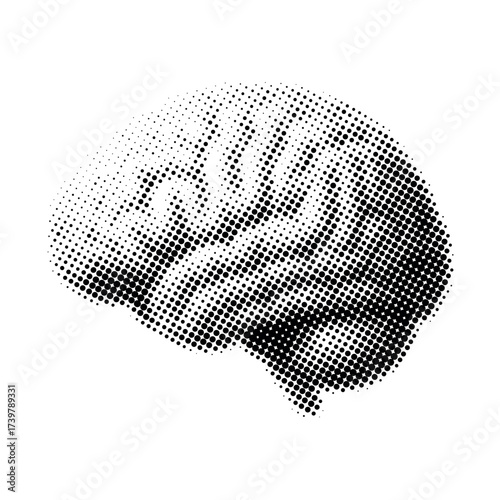 Halftone style illustration of a human brain pattern in black and white