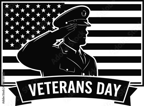 Veterans day patriotic salute american flag black and white art