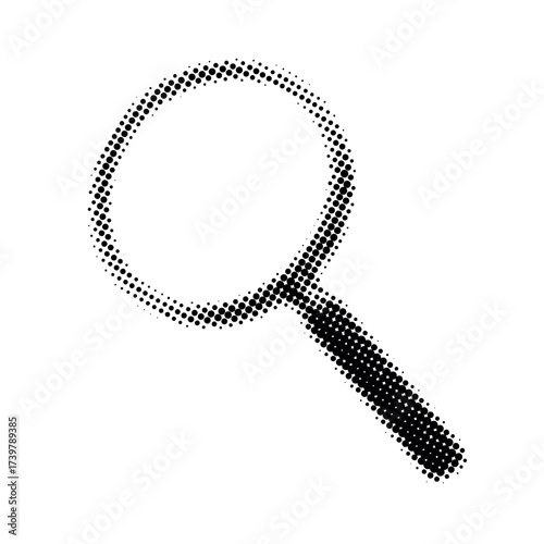 Vintage halftone magnifying glass illustration in black and white