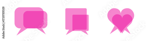 Speech bubble abstract pink talking chat sign set. Rectangle, square, heart shape discussion message icons.