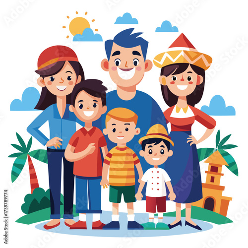 A Cartoon Family Of Six Poses Happily Against A Tropical Sunny Backdrop