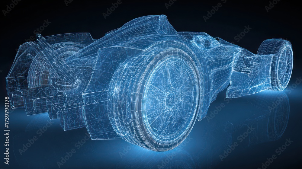 Naklejka premium Blue digital wireframe rendering of a racing car against a dark background