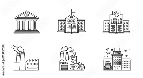 Government and Public Service Buildings Line Icons