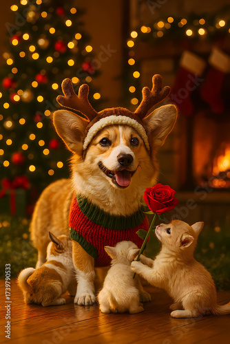 AI Generated Image: Charming Winter Scene of a Corgi Dog in Reindeer Antlers with Kittens, a Red Rose, and Gifts.