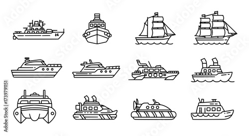 Line Art Set Assorted Watercraft Vessels Icons and Elements