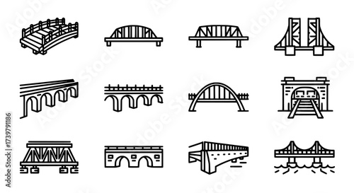 Collection of architectural bridge line icons featuring diverse structural designs