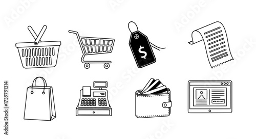 Shopping Icons Basket, Cart, Tag, Receipt, Bag, Cash Register, Wallet, Laptop