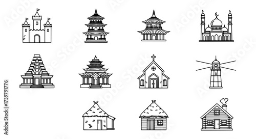 Illustrations of various buildings, structures, and architectural styles in line art