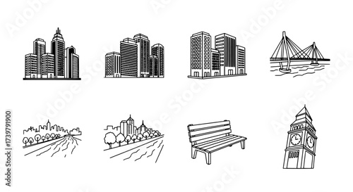 Line Art Illustrations of Cityscapes, Landmarks, and Urban Elements