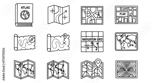Map and Navigation Icons Set Atlas, GPS, Location Guides