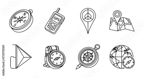 Navigation and Location Icons Compass, GPS, Map Pin and Globe Outlines