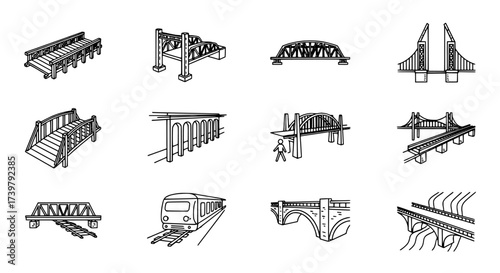 Collection of Architectural Bridges Linear Style Illustrations