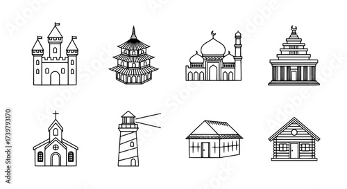 Architectural Diversity Outline Icons of Global Landmarks and Buildings