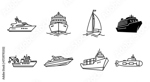 Sea Transport Icons Collection of Ships, Boats, and Submarines