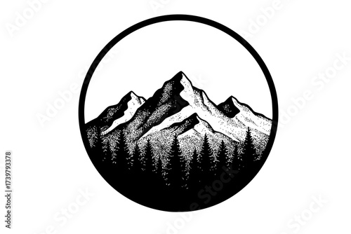 Vector Dotwork / Stipple: Mountains and Forest Landscape Circle. dot art