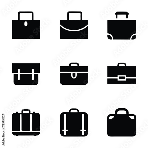 Collection of nine black briefcase icons on a white background luggage travel 1