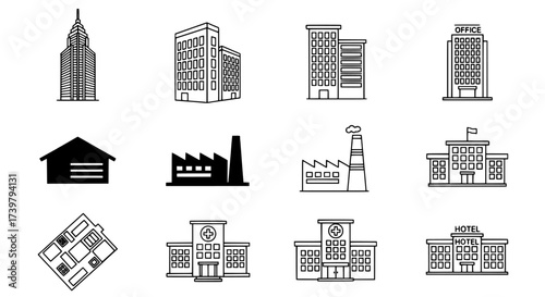Collection of line art illustrations depicting various architectural buildings
