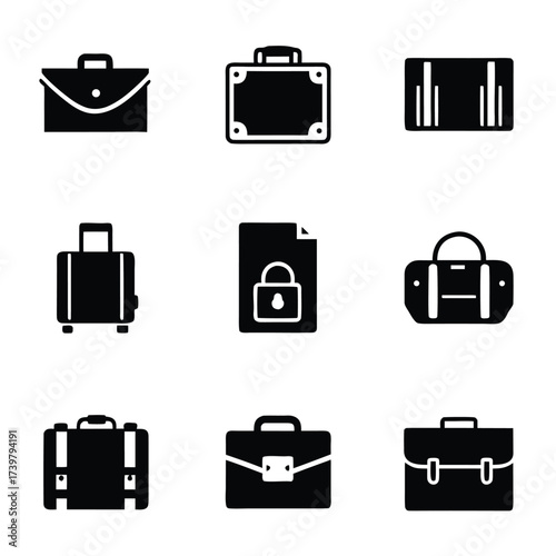 Collection of nine black briefcase and luggage icons on a white background travel business