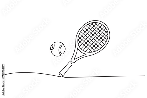 Continuous one line drawing tennis racket and ball equipment for competition play game vector illustration. one line Icon drawing with white background