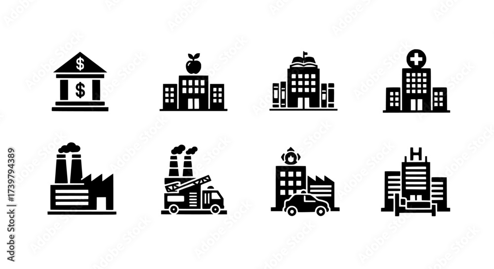 Fototapeta premium Black Silhouette Icon Set of Buildings with Different Purposes and Features