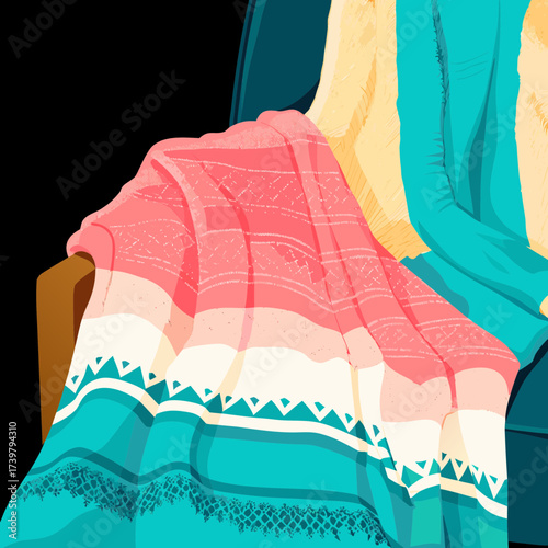 knitted sweater on chair. Colorful knitted sweaters draped over a chair in flat vector illustration