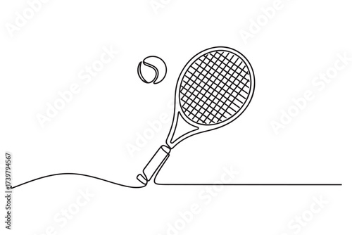 Continuous one line drawing tennis racket and ball equipment for competition play game vector illustration. one line Icon drawing with white background