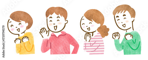 応援している様子の男女4人の上半身イラスト