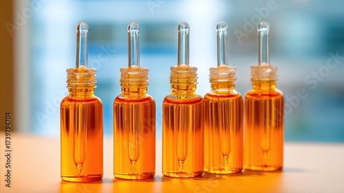 Small amber glass bottles holding eye drops in a row