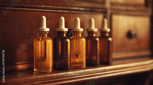 Small amber glass bottles with droppers in a wooden display