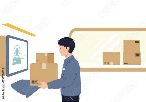 A young Asian man oversees a delivery, carefully handling boxes near a monitor displaying his profile. Modern, clean illustration style.