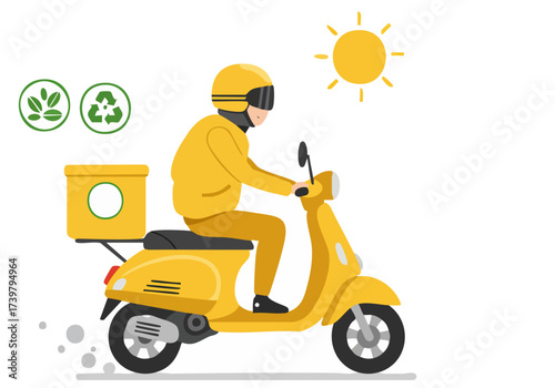 A cheerful delivery rider on a yellow scooter delivers packages with eco-friendly icons surrounding him. Vibrant, modern illustration for sustainable logistics.