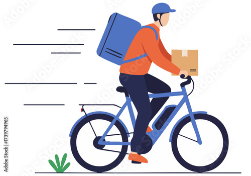 A cheerful delivery cyclist on an electric bike speeds through a city, promoting eco-friendly delivery. Modern, flat design illustration.
