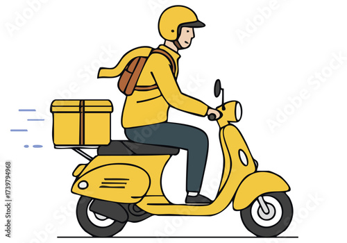 A cheerful delivery rider on a scooter delivers packages with a green ride. Modern, vibrant illustration for business and lifestyle concepts.
