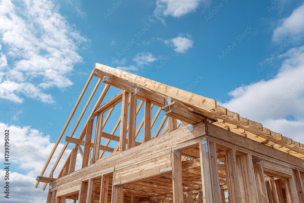 Fototapeta premium Vibrant wooden house frame construction against a bright blue sky with fluffy clouds showcasing architectural progress and future home building