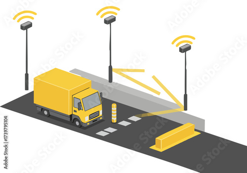 Isometric illustration depicts a yellow truck navigating a zone aid system with wireless sensors. Modern, clean design for traffic safety concepts. Suitable for commercial use.