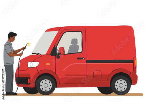 A man inspects a red delivery van with a tablet. Modern illustration, clean design, vibrant colors. Suitable for business, logistics, and transportation themes.
