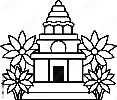 ancient jungle temple covered in flowers coloring  vector illustration on transparent background