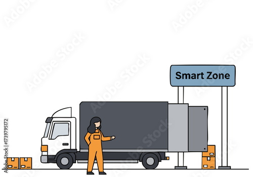 A female professional directs a truck at a 'Smart Zone' loading bay. Clear composition, modern illustration style. Focus on logistics and efficiency.