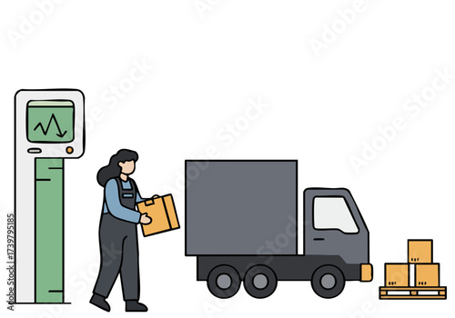 A female professional carries a pallet of goods to a loading station, showcasing weight maintenance. Clean, modern illustration style.