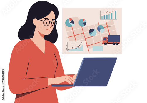 A professional woman analyzes data on a laptop, surrounded by charts and maps. Modern, clean design with a focus on logistics and smart city solutions. Bright, optimistic.