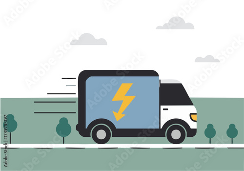 A stylized electric truck swiftly delivers goods within a designated Smart Delivery Zone. Modern, flat design illustration. Suitable for business and logistics themes.